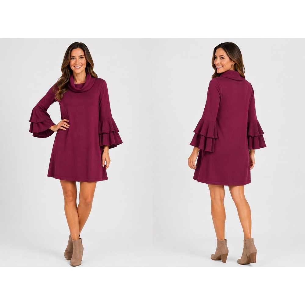 Nina Leonard Burgundy Cowl Neck Tiered Bell Sleeve Knit A-Line Sweater Dress XL